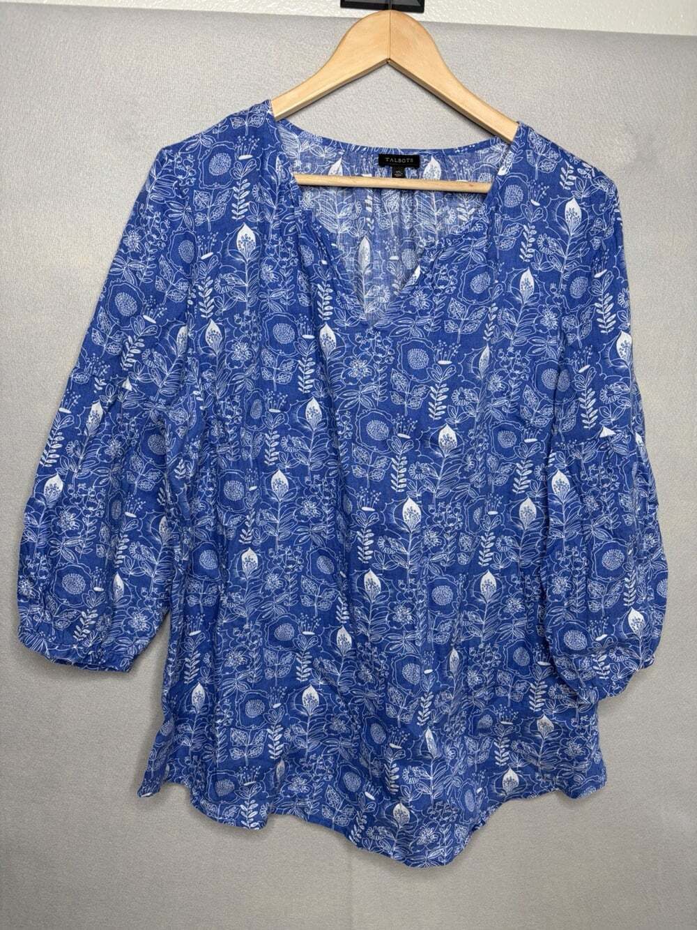 Talbots 100% Linen Blue Whimsy Peasant Blouse XL Balloon Sleeve Cottagecore